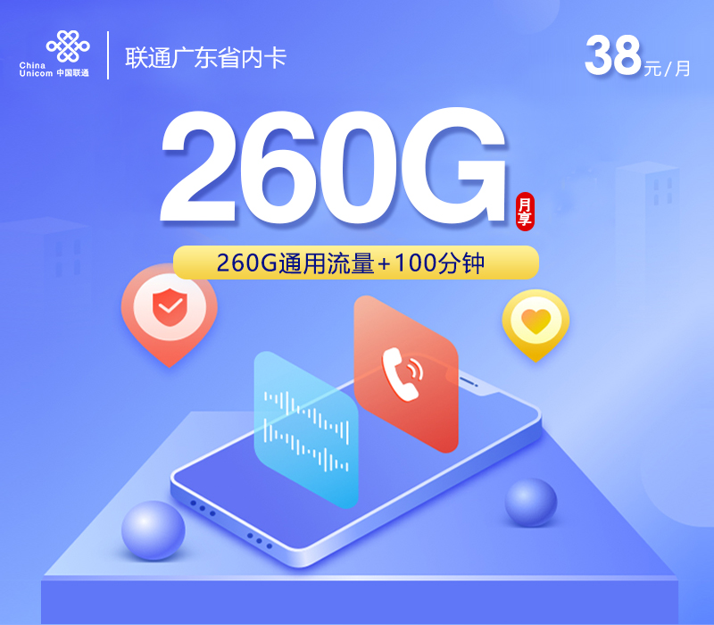联通广东省内卡2.0【38元260G】