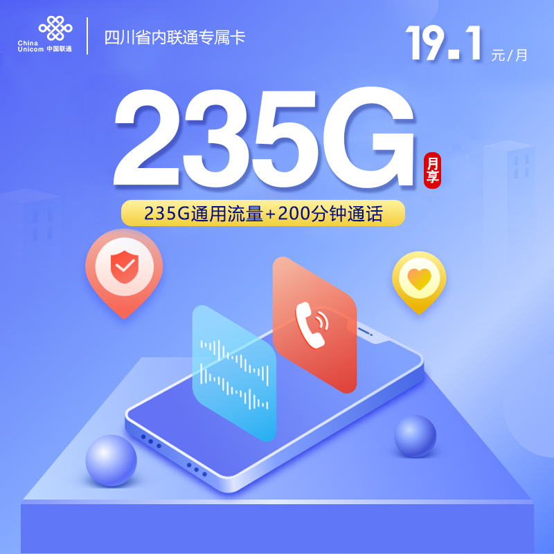 四川省内联通专属卡【19.1元235G+200分钟】