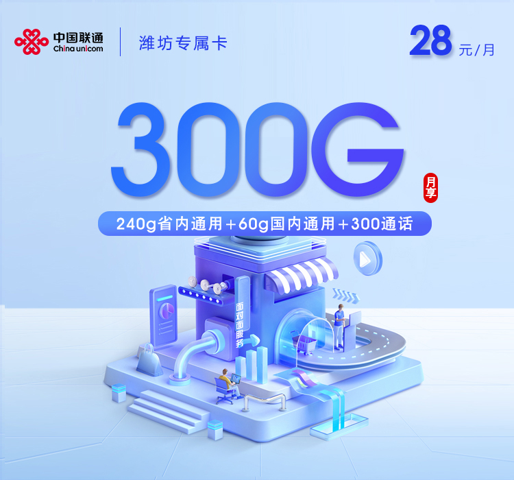 联通潍坊专属卡【28元300G+300分钟】