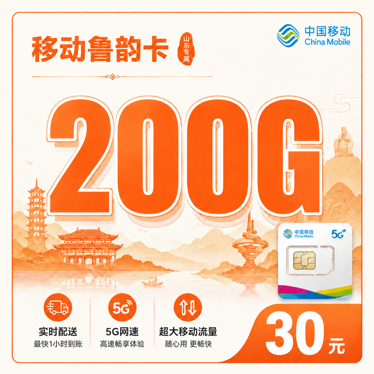 移动鲁韵卡30元200G+山东专属！