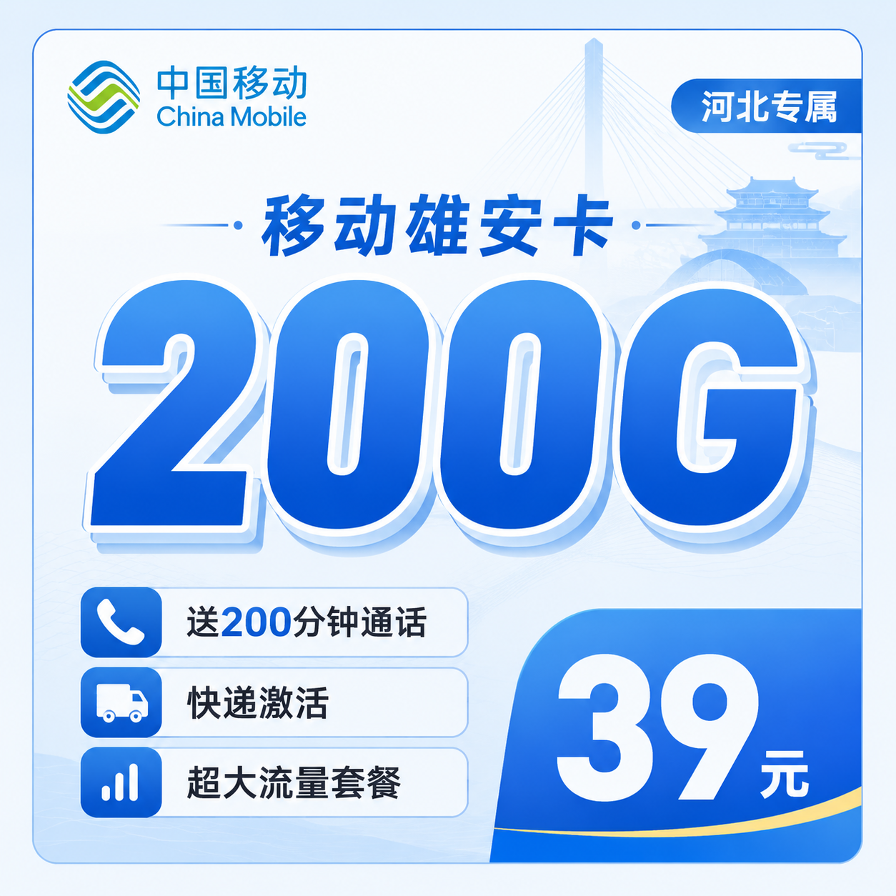 移动雄安卡39元200G+200分钟+河北专属!