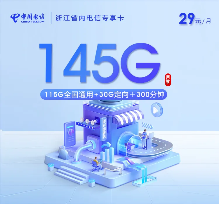 浙江省内电信专享卡【29元145G+300分钟】
