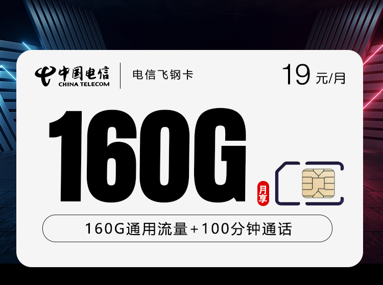 电信飞钢卡【19元160G+100分钟】