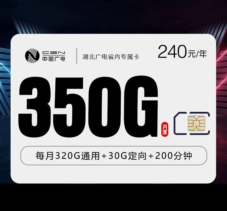 湖北广电省内专属卡【月均20元350G+200分钟】
