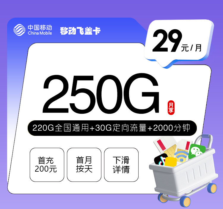 移动飞盖卡【29元250G+2000分钟】