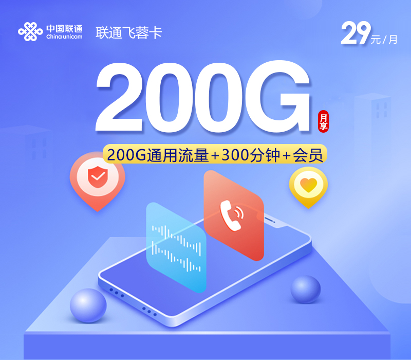 联通飞蓉卡【29元200G+300分钟+会员】